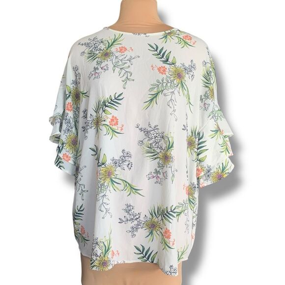 Profile Apparel Top White Botanical Ruffle Short Sleeve Blouse Women’s Plus 2XL - Picture 1 of 9